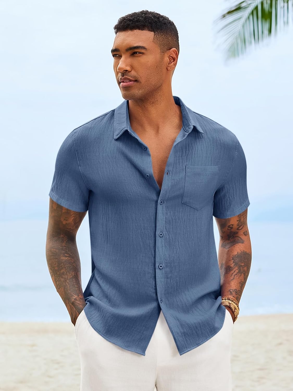 Runcati Mens Button Down Shirts Casual Short Sleeve Linen Shirt Summer Beach Textured Tops with Pocket - Image 2