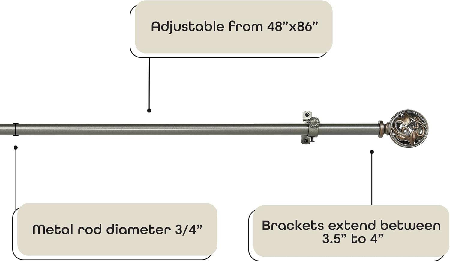 "Achim Home Furnishings Grace, Buono II Decorative Curtain Rod & Finial, Extends to 48-86""" (RDBGRC4806)