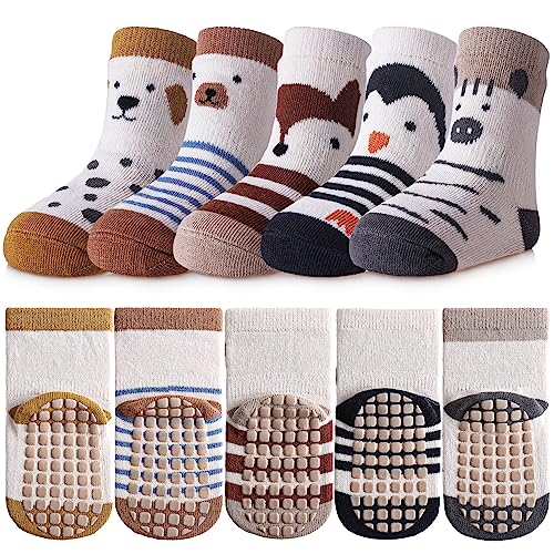 TRUEHAN 5 Pairs Toddler Non Slip Socks with Grips Baby Socks for Kids Girls Boys （5 Pairs Stripe Animal Combinations，6-12 months）