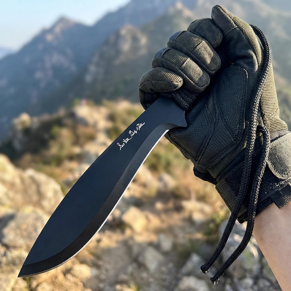 Jagdmesser mit Feststehender Klinge, Edelstahl, 25cm, Paracord Griff, mit Nylonscheide und Hängeleine, für Outdoor (schwarz)