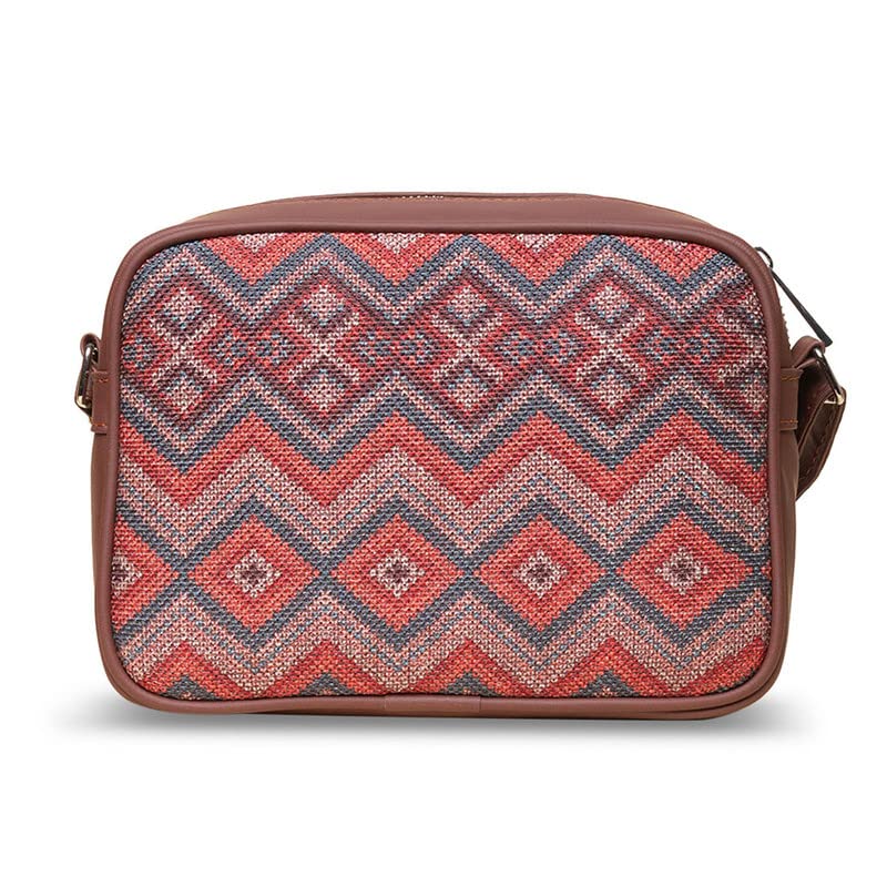 Image of ZOUK Gwalior Weaves Motif Printed Women's Jute Handcrafted Vegan Leather Multicolor Magnetic Sling Bag