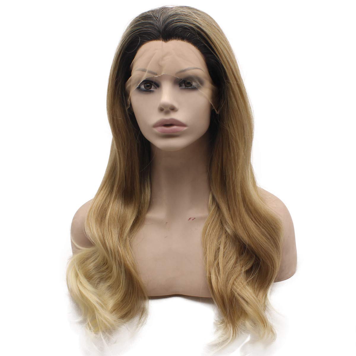 MX angel Long Wavy Ombre Blonde Hand Tied Synthetic Lace Front Wig Heat Resistant Fiber Hair