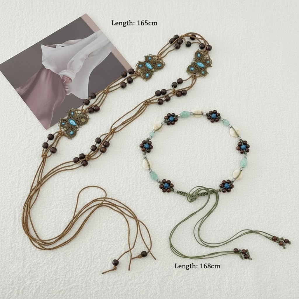 2pc-Bohemian Beaded Belt Set Colorful Beads & Wooden Beads Vintage Style Adjustable Vintage Waist Chain image 4