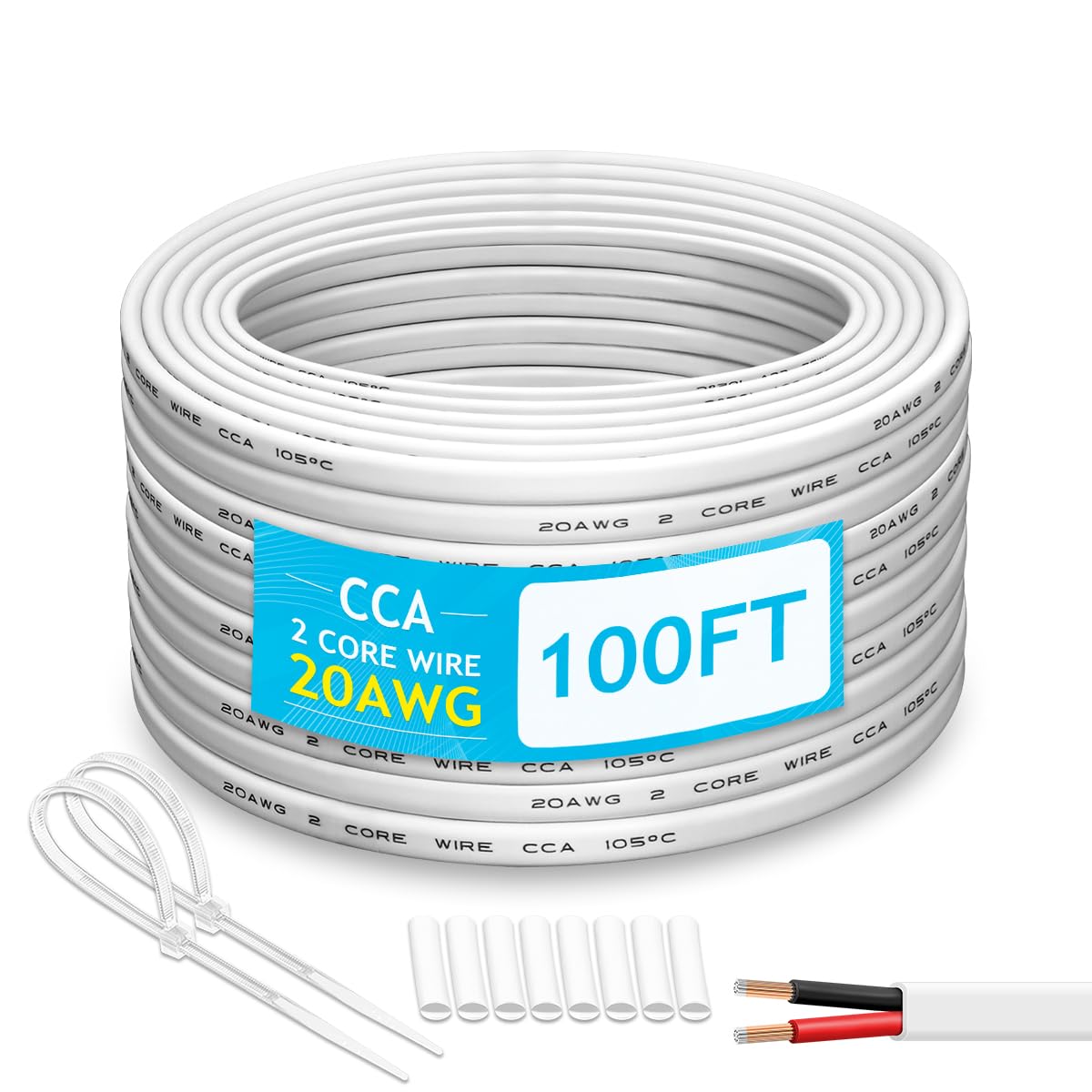 20 Gauge 2 Conductor Electrical Wire – 50FT White Stranded PVC Cord, 12V Low Voltage CCA, For Automotive, LED Strip & Marine Use