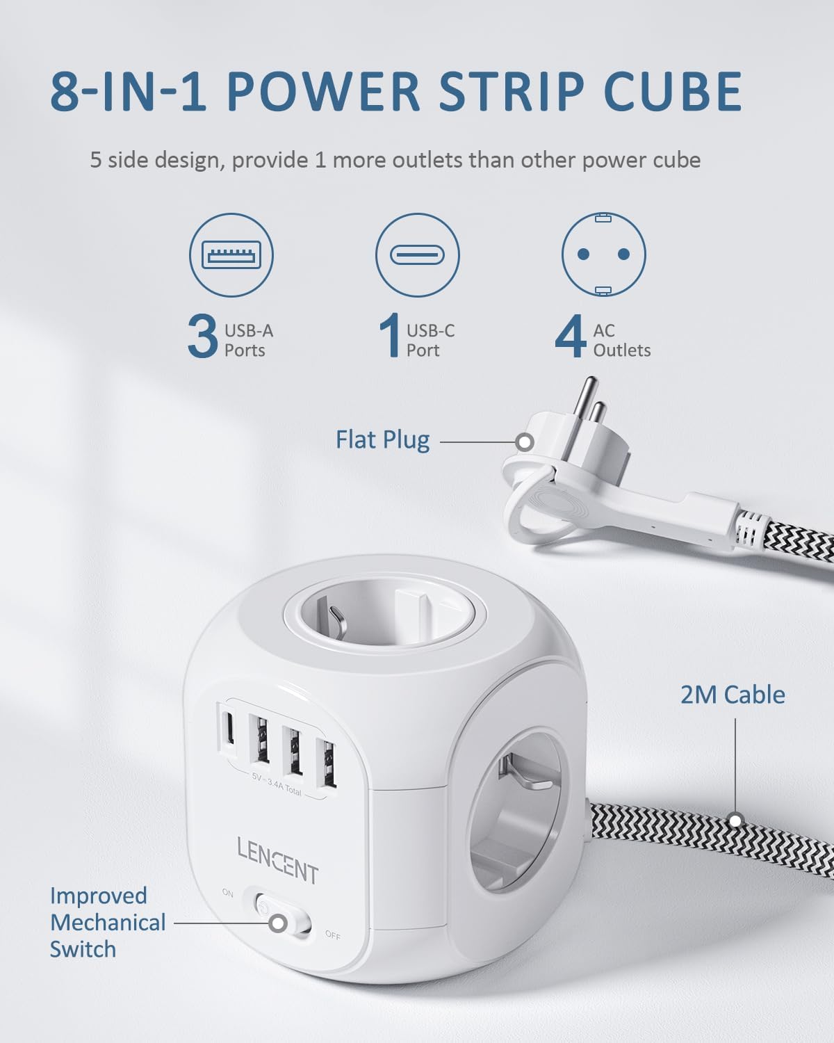 LENCENT 4-voudige stekkerdoos Platte stekker Stekkerblok Meervoudige stekkerdoos 8-in-1 Cube-stekkerdoos Stekkerdoos met 3 USB-poorten en 1 Type- C-poort, 3 meter gevlochten kabel voor wandcontactdoos