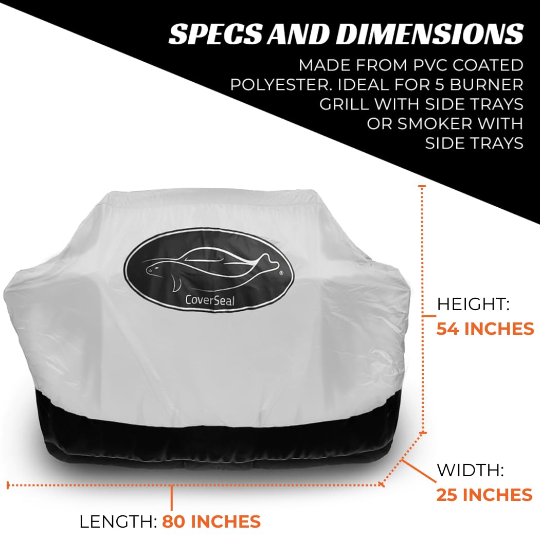 CoverSeal XL BBQ Grill Cover - Weather Resistant Outdoor Barbecue Apron for 5 Burner Grill with Side Trays - Compact Seal from Ground Up - Silver - 80in L x 25in W x 54in H