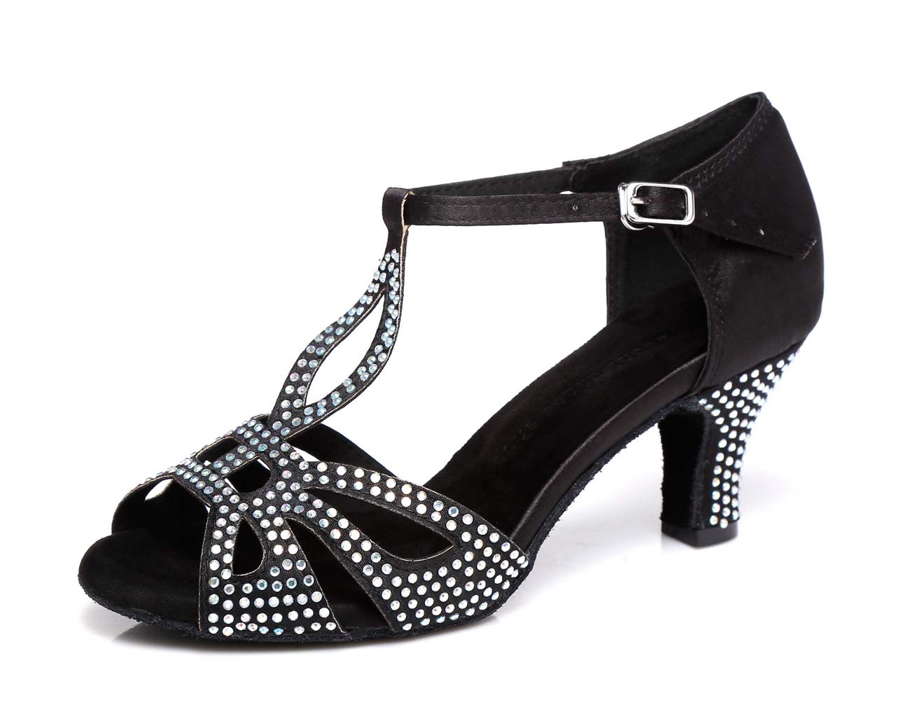 Minishion Women's T Strap Crystals Sparkle Med Low Heel Black Dance Sandals Party Sandals US 8