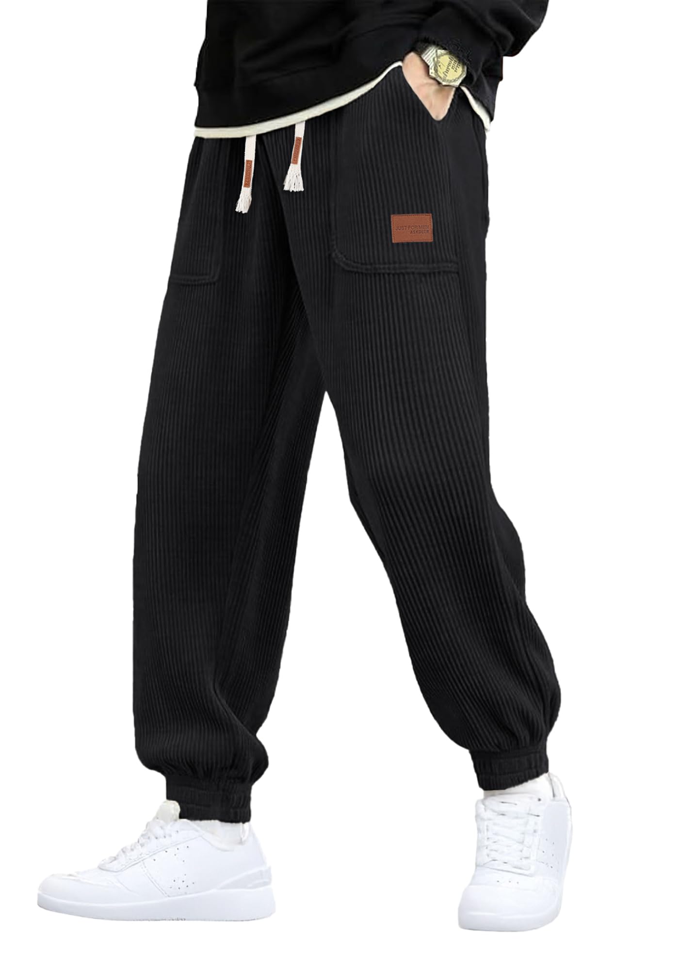 Mens Corduroy Casual Pants Joggers Cargo Pants Drawstring Elastic Waist Tapered Sweatpant…