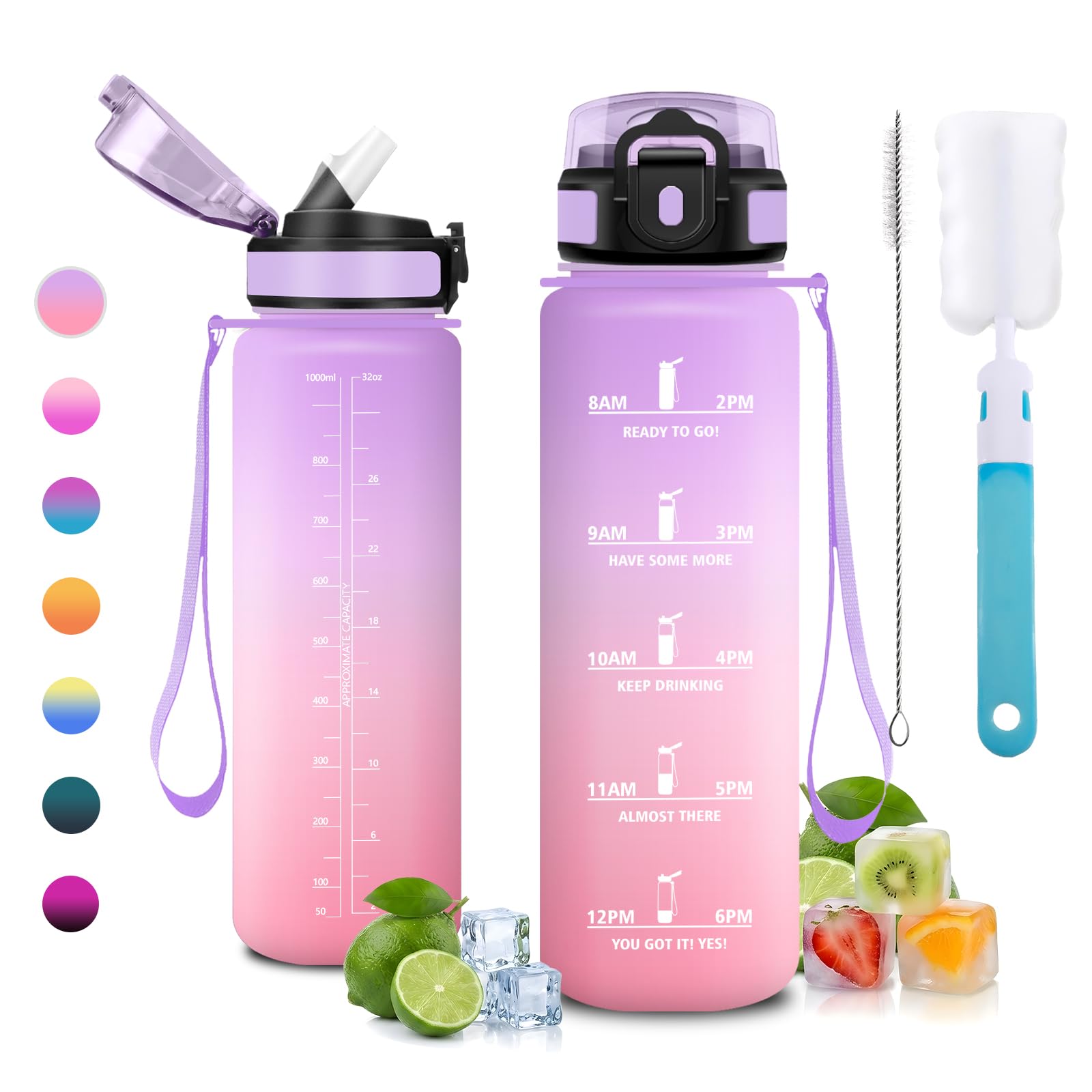 JAPORIA 1L Reusable Water Bottle with Straw, Leak Proof, Time Markers Water Bottles, BPA Free, for School, Office, Camping