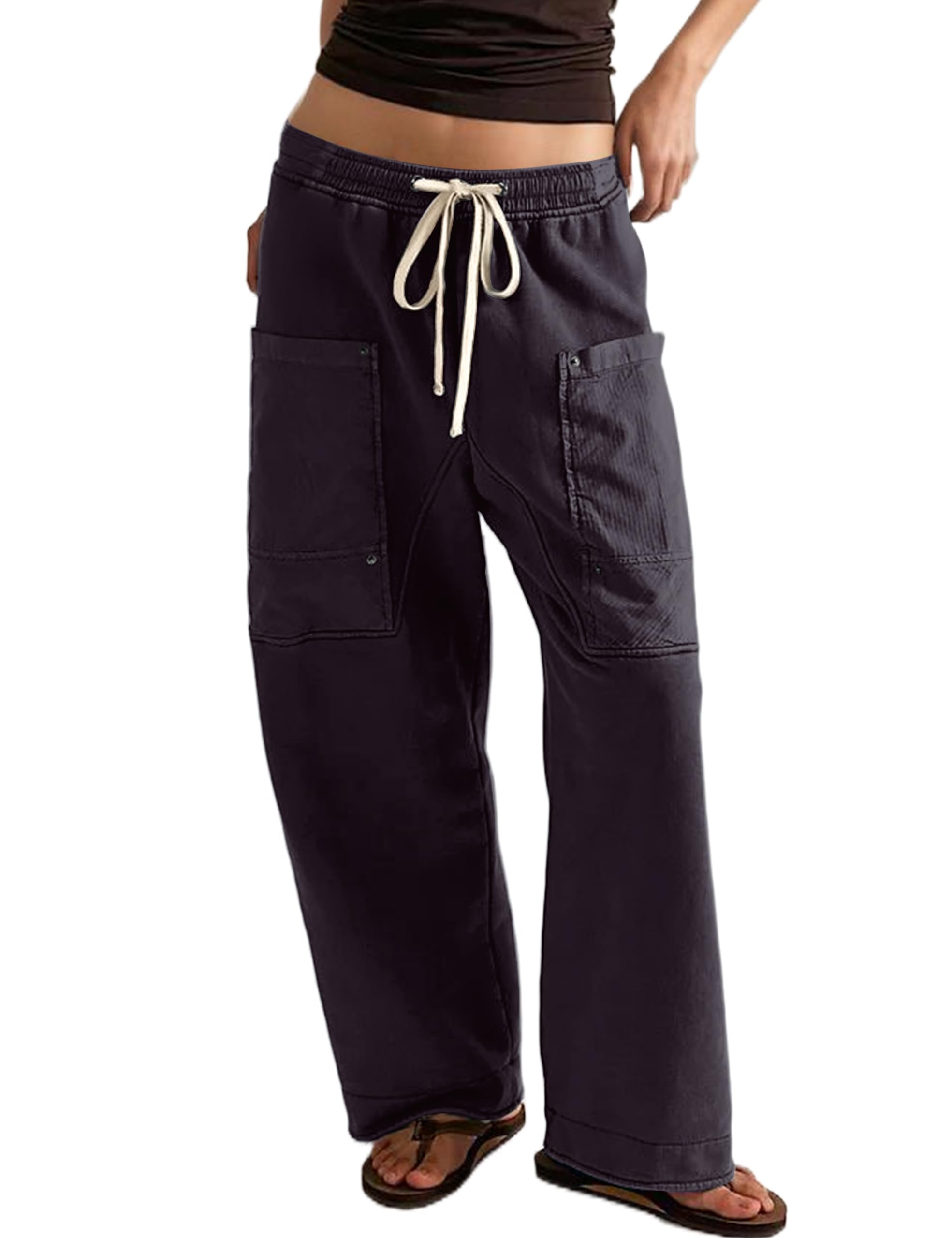 MISSACTIVER Women Baggy Drawstring Wide Leg Pants Elastic Low Waisted Lounge Pants Loose Solid Cargo Pants with Pockets