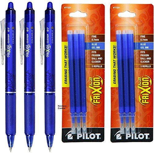 Pilot Frixion Clicker Retractable Erasable Blue Gel Ink Pens, Fine Point 0.7mm - 3 Pens with 2 Packs of Refills (Total of 6 Refills)