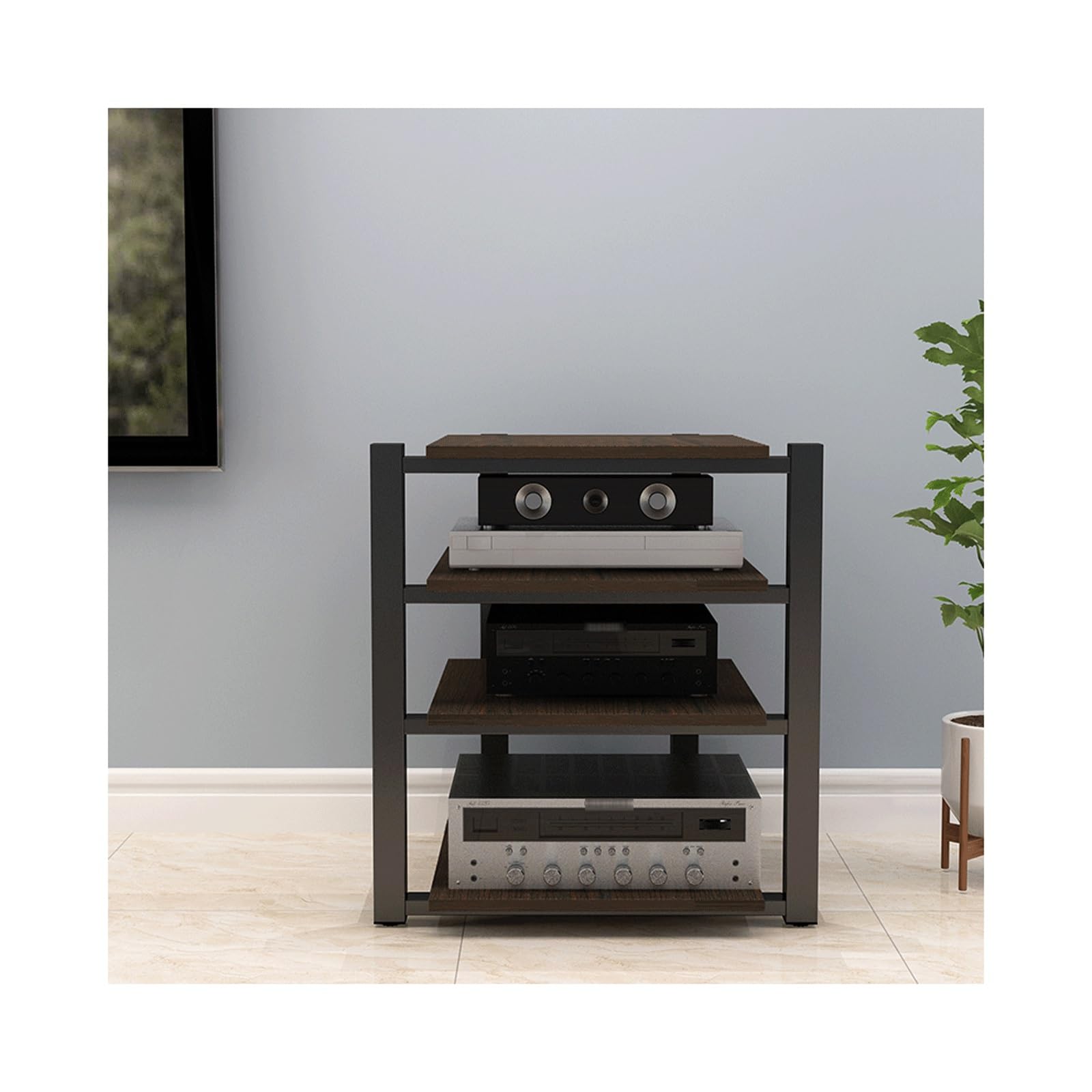 Offener Stereo-Komponentenschrank, AV-Media-Ständer, Holzständer, Audio-Video-Regal, moderner DVD-, CD-Plattenspieler, Konsolenhalter für Heimkino, Wohnzimmer, Walnuss, 4 Etagen