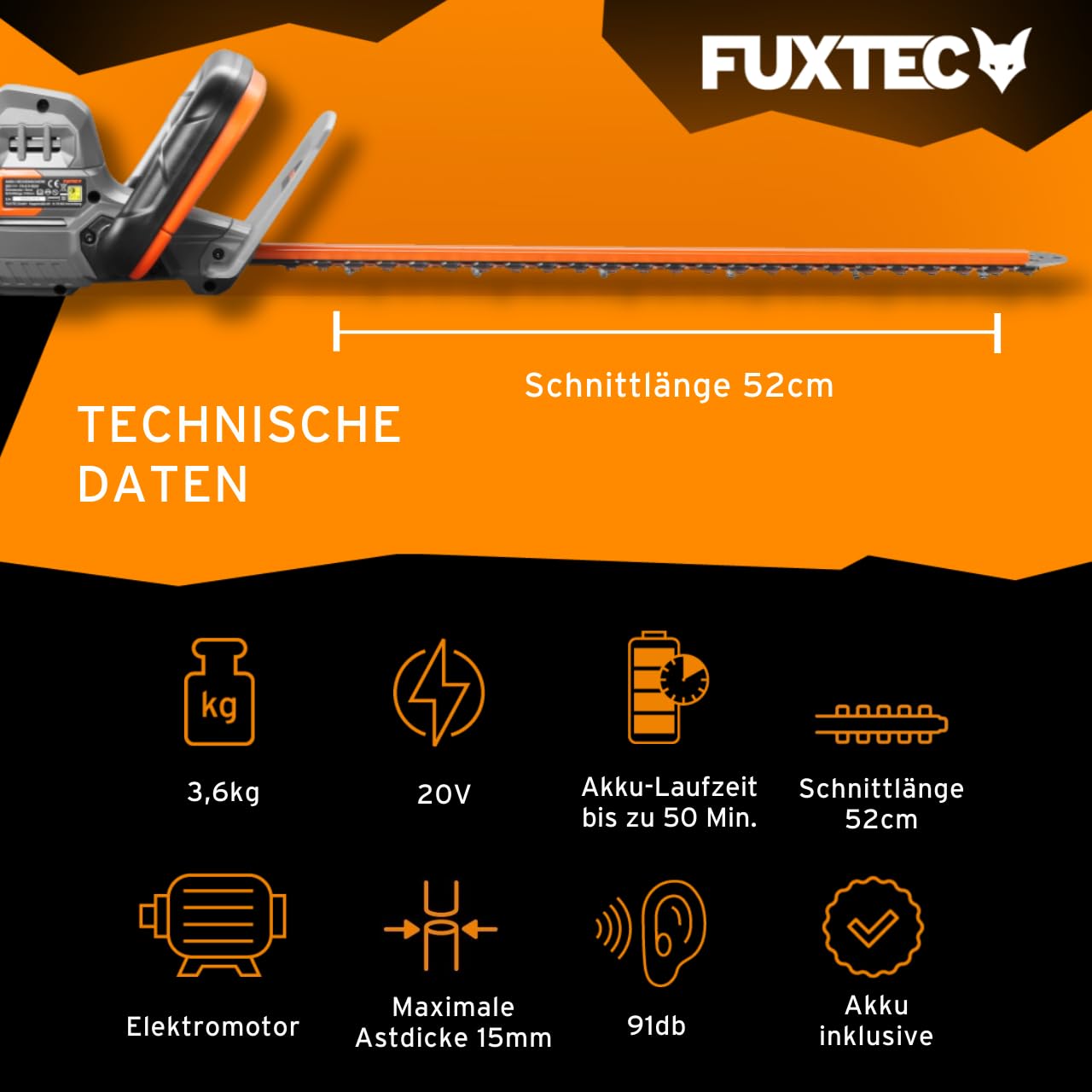 FUXTEC Heckenschere 20V inkl. Akku FX-E1HS20 Elektrischer Heckentrimmer mit Li-Ionen Batterie und Ladegerät – Schnittlänge 52 cm