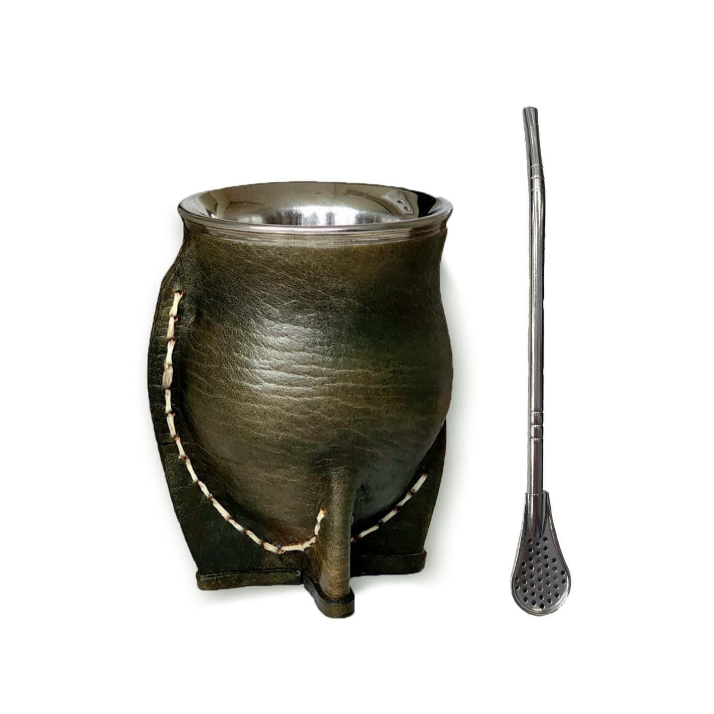 Tazza opaca argentina tradizionale, opaca termica, in acciaio inox, doppia parete, con esterno in pelle verde militare, Yerba Mate Cup, con lampadina