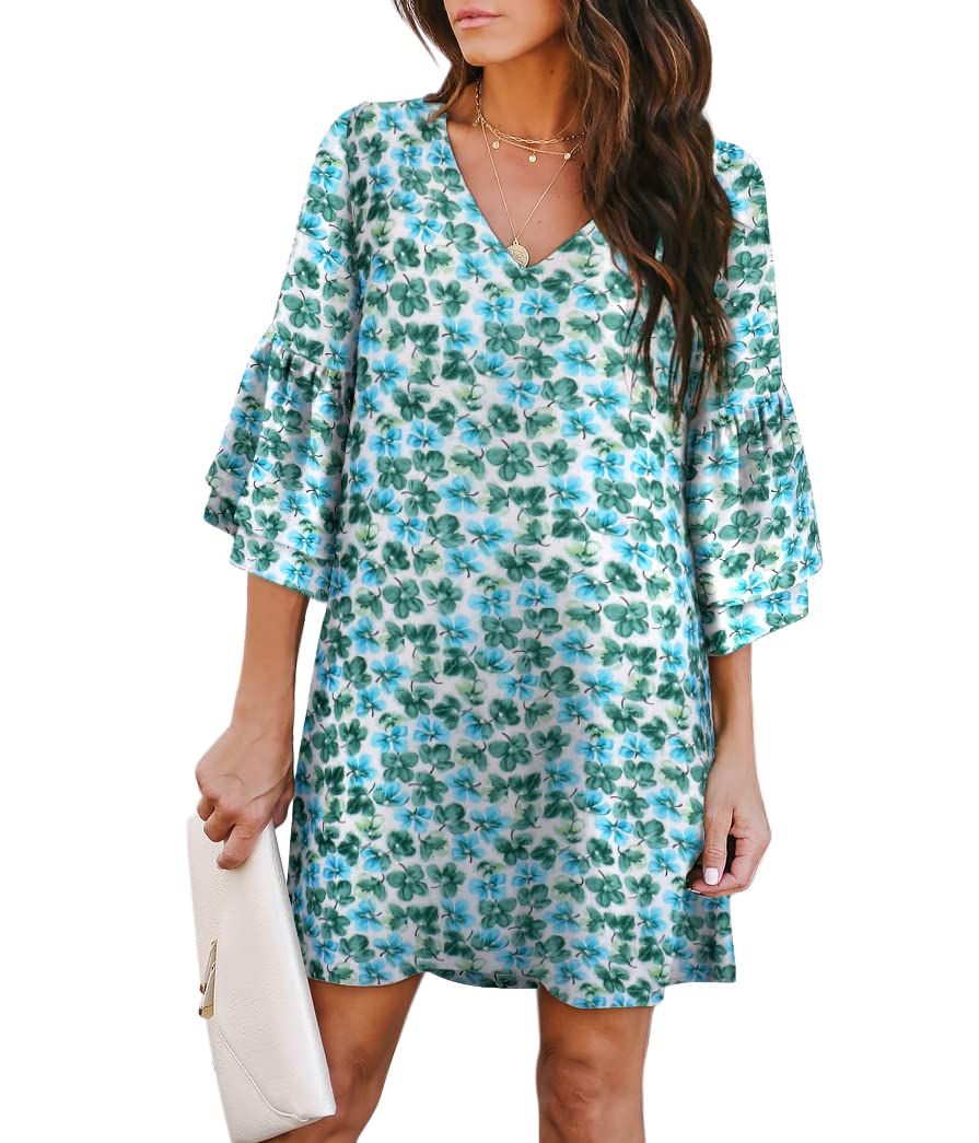 Photo 1 of BELONGSCI Women's 2023 Summer Dress Sweet & Cute V-Neck Bell Sleeve Shift Dress Mini Dress, Perfect for Wedding or Graduation Green Clover-88172 Large