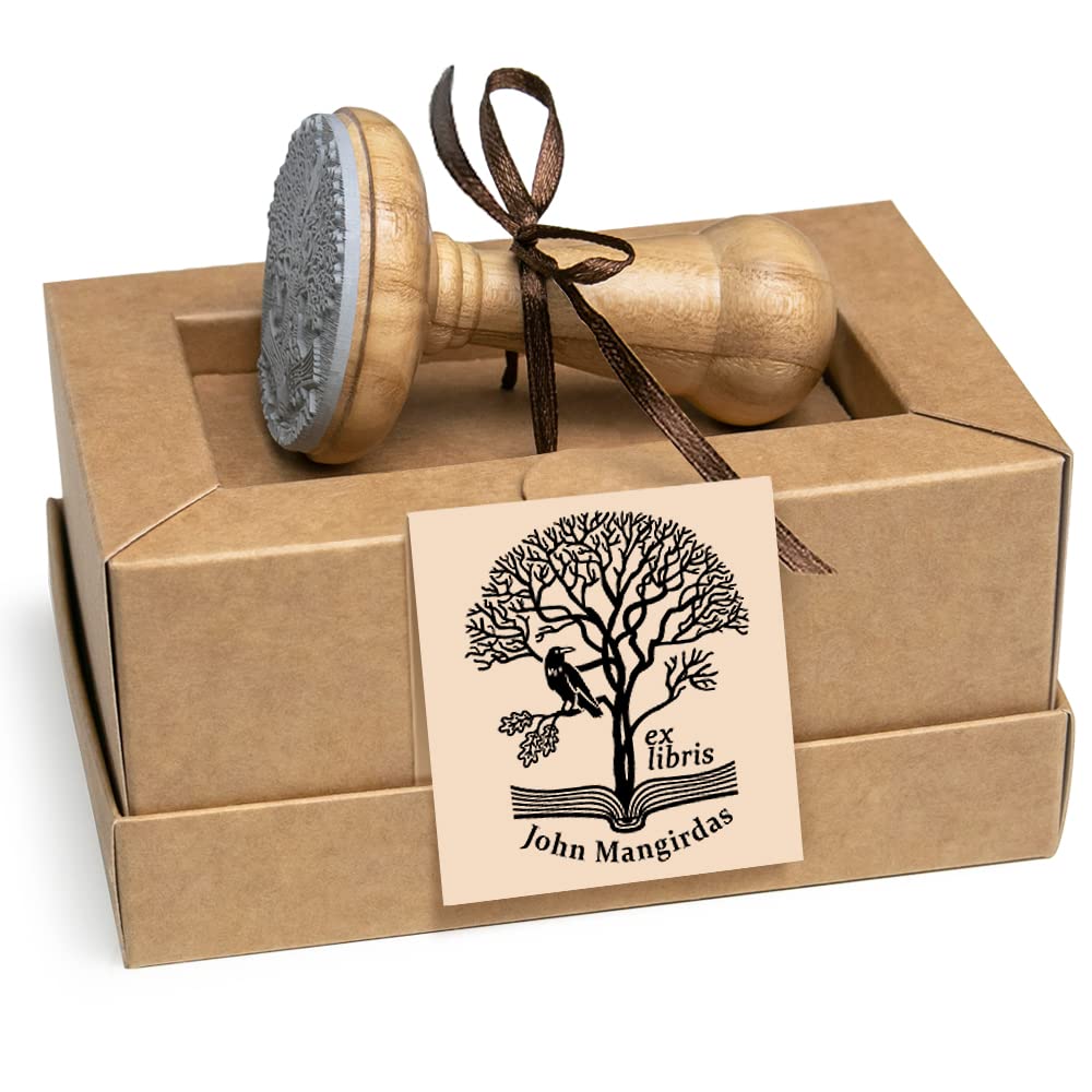 Black Raven Ex libris Bird Crow Sitting Oak Tree Branch Book Rubber Stamp Personalised, Round 40mm, Special Gift Box