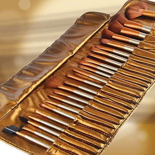 Kamz Beauty 24 Piece Professional Makeup Brushes Kit | Wooden Handle With Leather Pouch | Gold Beige (Pack of 24)