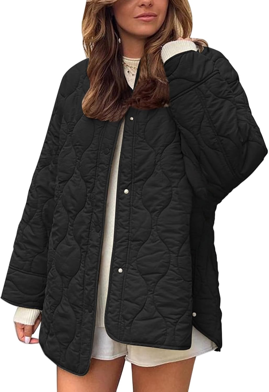 Women's Quilted Jacket Oversized Lightweight Button Down Puffer Jacket Padded Fall Winter Coat Outerwear with Pocket