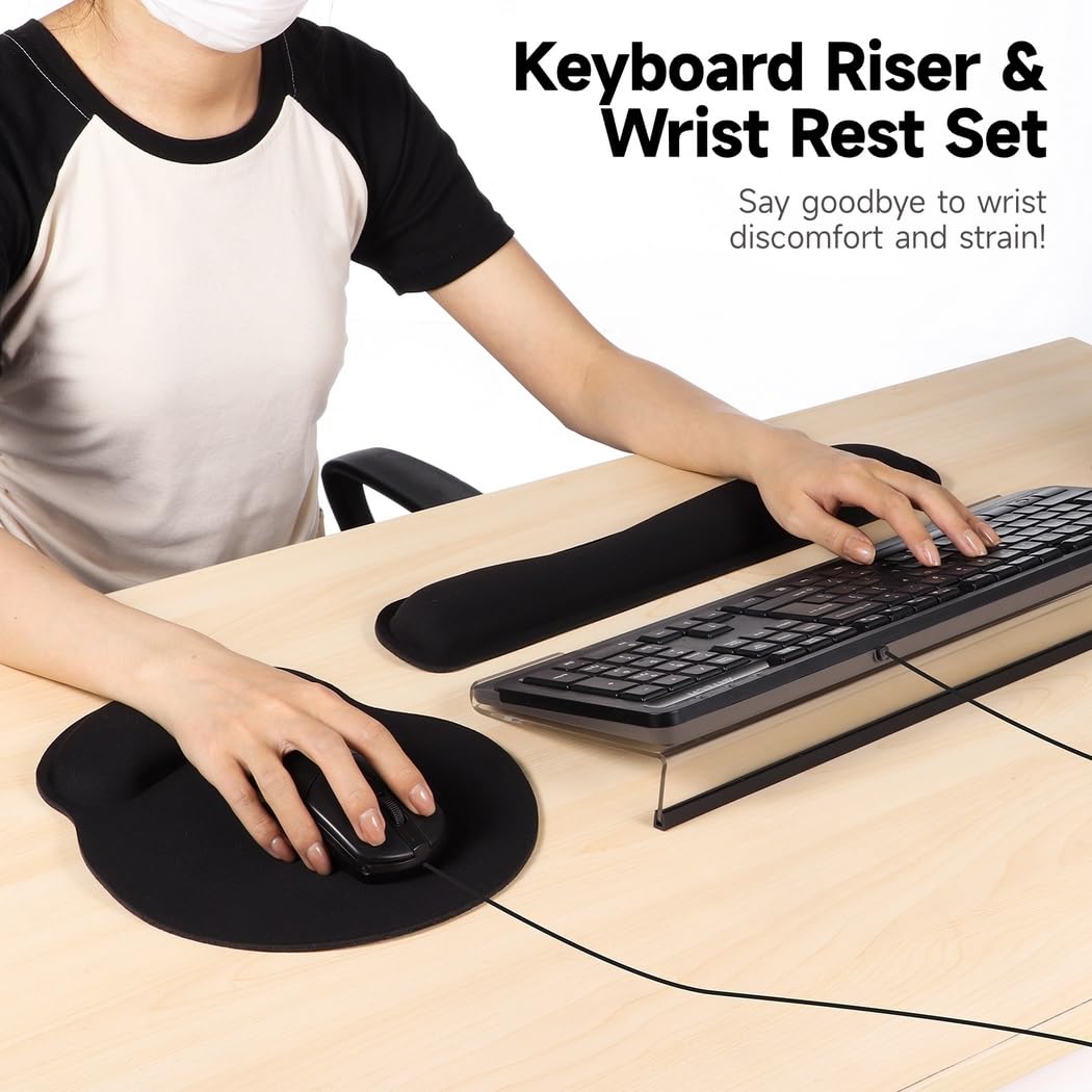 Rialzo per tastiera con poggiapolsi, set da 3 pezzi, supporto per tastiera, tappetino per mouse e poggiapolsi, antiscivolo, in acrilico, supporto inclinato per digitare comodamente, memory foam