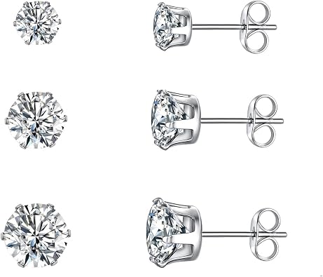 MDFUN Synthetic Moissanite Earrings Set 14K White Gold/Yellow Gold 6 Prong Round Synthetic Moissanite Stud Earring Set Pack of 3/4 Pairs
