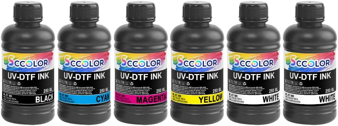 UV DTF Ink 500ML for Printer Printing on A B Films for i3200,i1600,L805,1390,DX4,DX5,DX6,DX7,DX10,TX800,XP600 UV Sticker Printer(500ML 2 White,1 Black,1 Cyan,1 Magenta,1 Yellow)