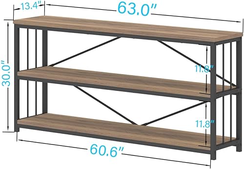 Miniatura 2 de IBF Estantería industrial de 3 niveles, estantería rústica de madera baja y metal, estantería horizontal abierta larga de ancho, moderno y grande