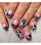 4th of July Press on Nails Short Square Fake Nails Independence Day Full Cover Glue on Nails Amer...