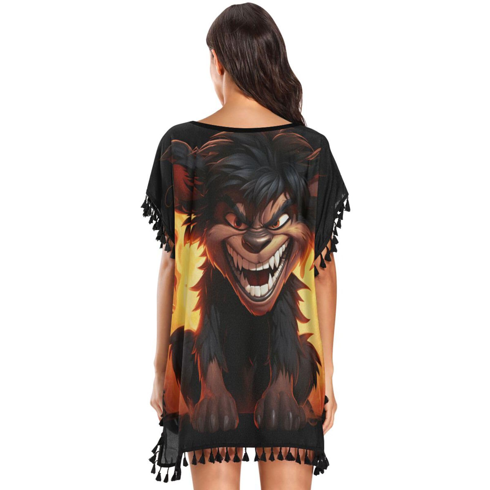 Fire Cool Animal Tasmanian Women's Beach Cover Up Chiffon Tassel Swimwear Swimsuit Coverups for Girl