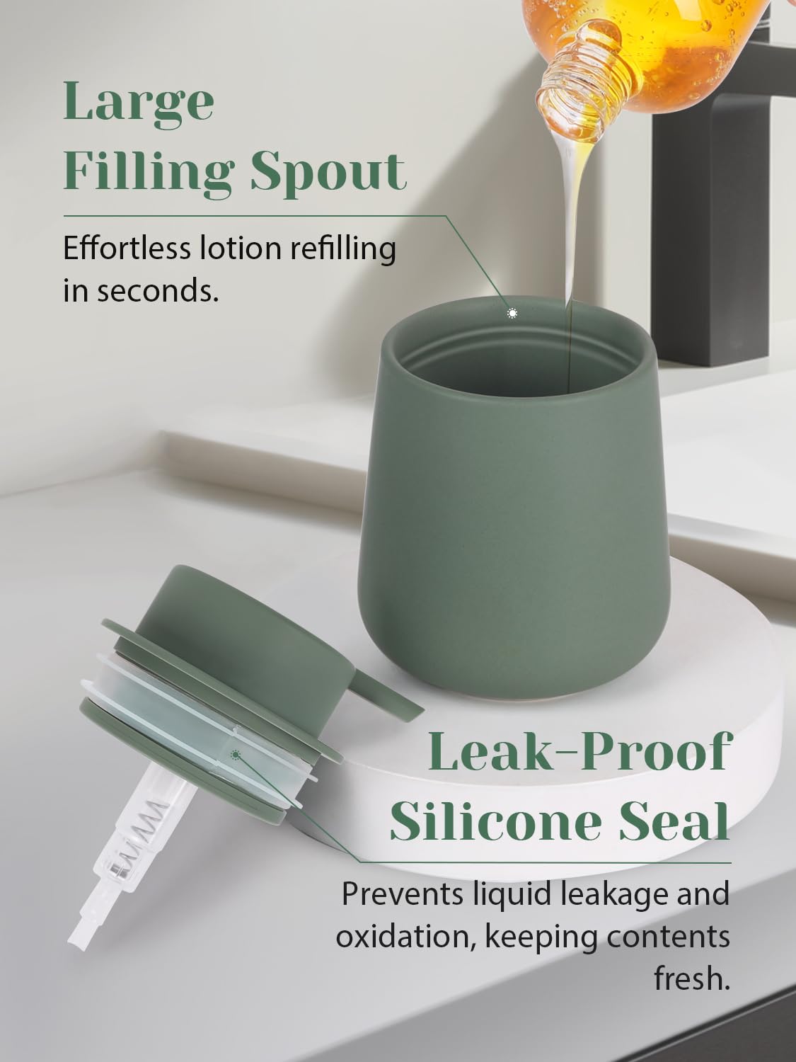 Dispenser di sapone liquido in ceramica per cucina – Dispenser di sapone liquido ricaricabile da 350 ml per bagno, moderno dispenser di sapone liquido con pompa, verde opaco
