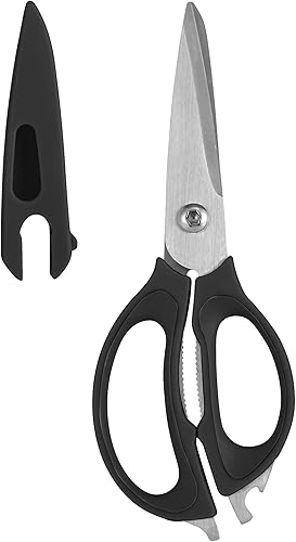 Farberware Tijeras de cocina multiusos de acero inoxidable 4 en 1 con cubierta de cuchilla, color negro