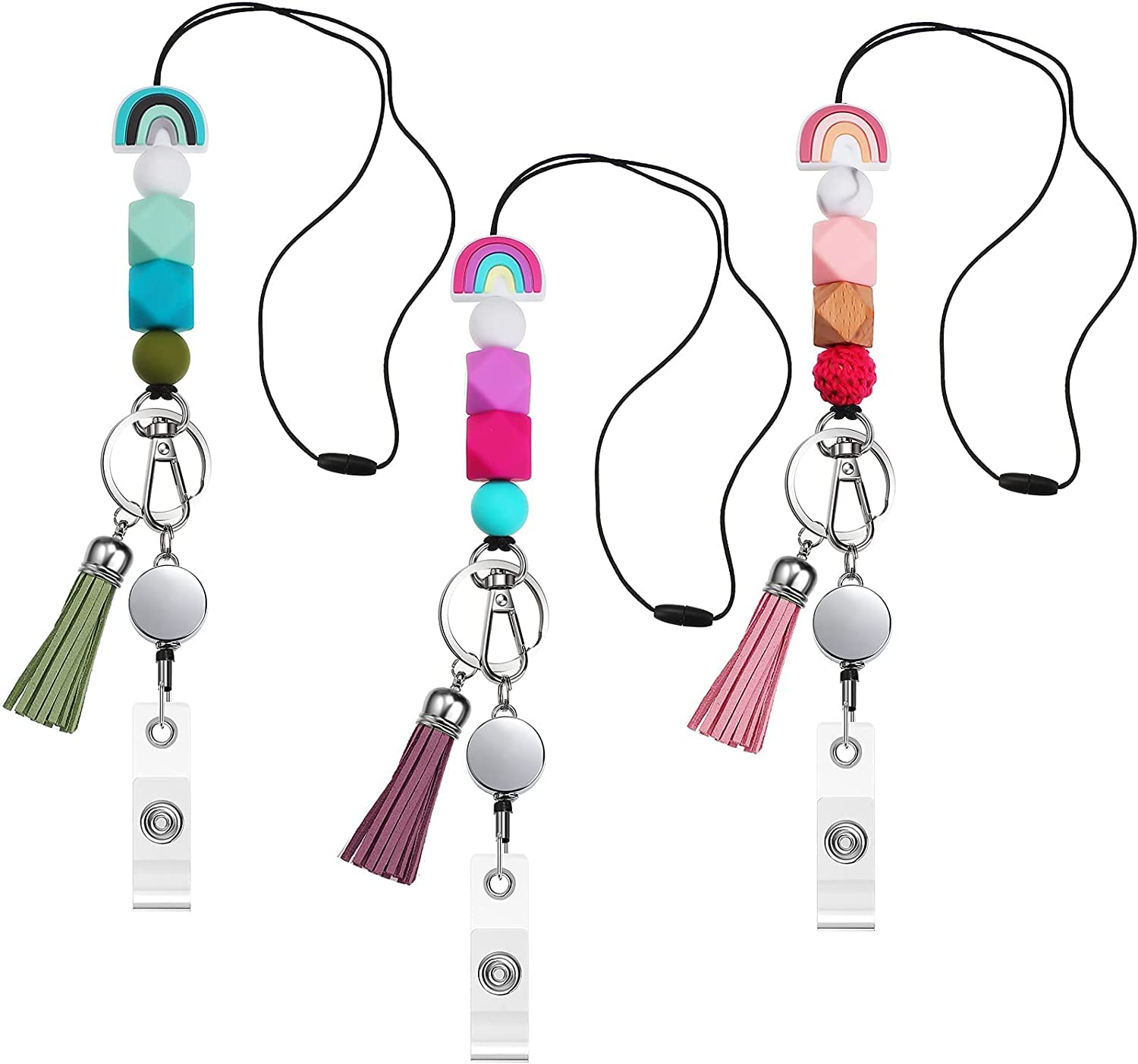 SYOSI Silicone Beaded Lanyards for ID Badges and Keys, 3 Sets Boho Neck Lanyard Necklaces with Retractable Badge Reel Holders, Tassel Keychain Strap Lanyard for Women Girls Teacher Students Nurses