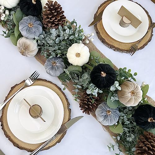 Image of Winlyn 12 Pcs Small Assorted Faux Velvet Pumpkins Decorative Fabric in White Black Gray Taupe Foam Pumpkins 3 inch for Farmhouse Fall Wedding Thanksgiving Halloween Table Centerpiece Mantel Decor