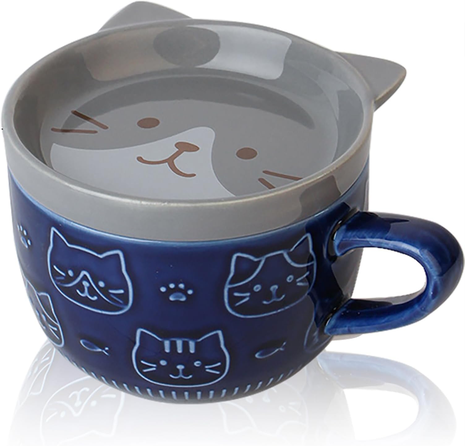Avettcit Cute Cat Mug with Lid,Japanese Cute Mug,Ceramic Breakfast Milk Tea Mug,Animal Cup Coffee Set,Gifts for Women,Valentines Mothers Day Easter Present,Grey cat