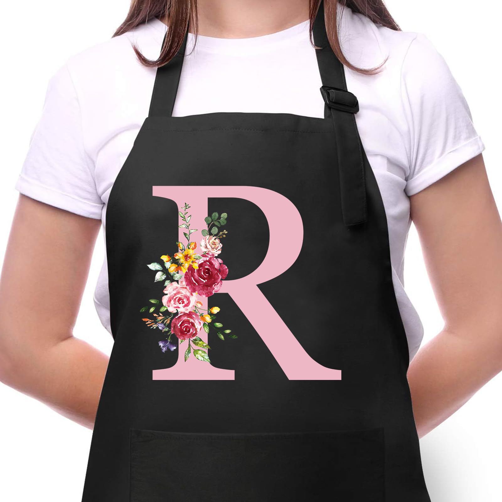 Delantal Cocina Mujer con Inicial y Flores, Delantales Impermeables con Bolsillos, Delantal de Barbacoa Ajustables para…