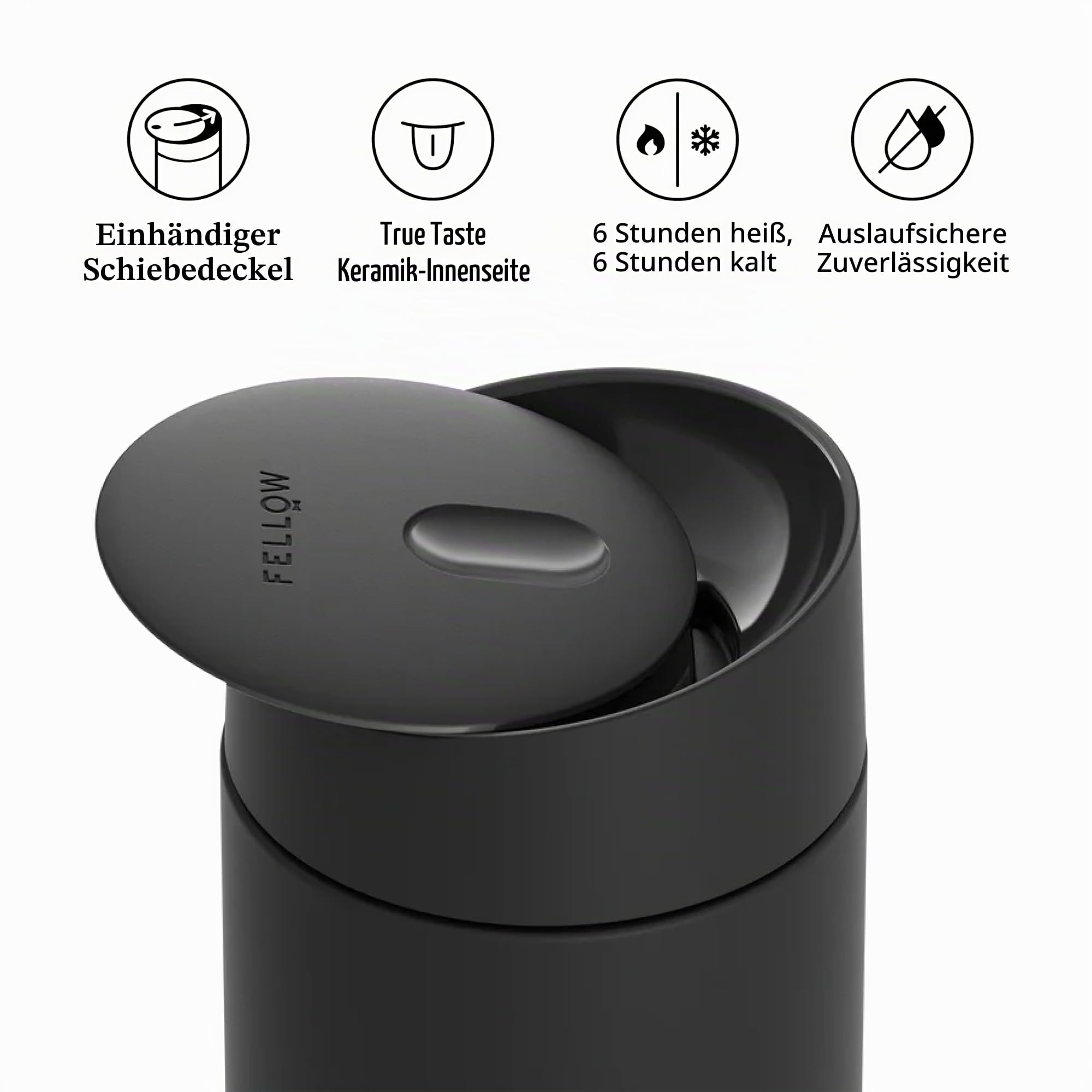Fellow Thermobecher Kaffee to Go 340 ml, Keramik-Innenseite, Mattschwarz | Auslaufsicher mit Schiebeverschluss, Edelstahl doppelwandig, 6h heiß oder kalt, BPA-frei, Coffee to Go Becher, Carter Move
