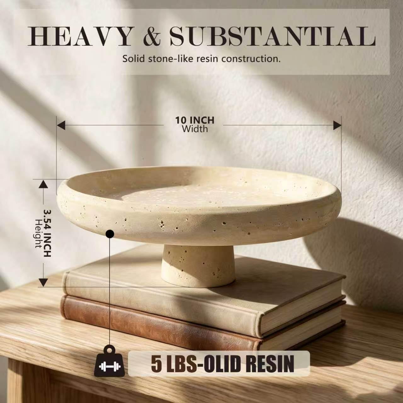 Fruit Bowl for Kitchen Counter, 10" Travertine Style Resin Pedestal Bowl, Decorative Footed Bowl with Stone Texture, Dining Table Centerpiece, Entryway Key Catchall, Modern Home Decor, Beige
