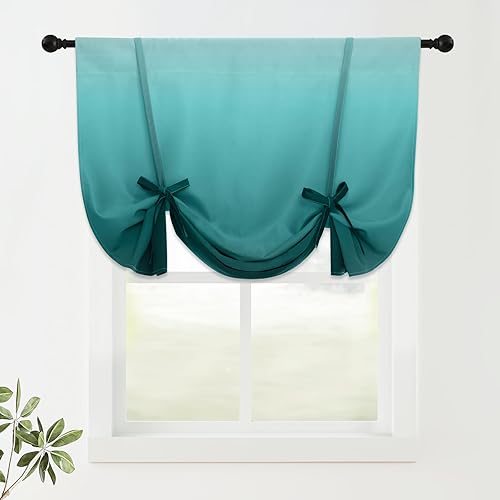 COSVIYA 100% Blackout Ombre Teal Adjustable Tie Up Curtains for Kitchen Thermal 
