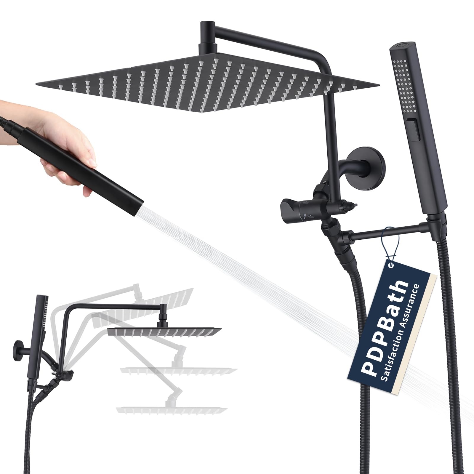 PDPBath Alcachofa de ducha de lluvia de metal de 12 pulgadas con pulverizador de mano, cabezal de ducha de lluvia de alta presión con brazo de extensión ajustable en forma de Z, manguera extra larga