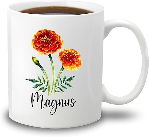Taza de cerámica de flor de caléndula personalizada, taza de café de flores con nombre personalizado, taza de café de flores lindas para amantes de