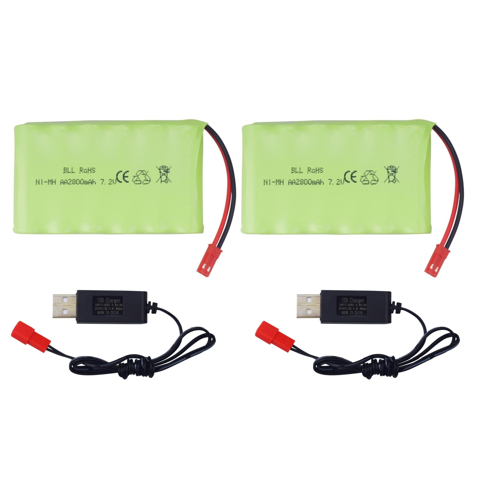 ZYGY 2PCS 7.2V 2800mah AA Rechargeable Ni-MH Battery with JST-2P Plug with USB Charging Cable Suitable for New Version TR-212 TR-215 550 RC Excavator Truck Engineering Vehicle TR-211 RC Toy Battery