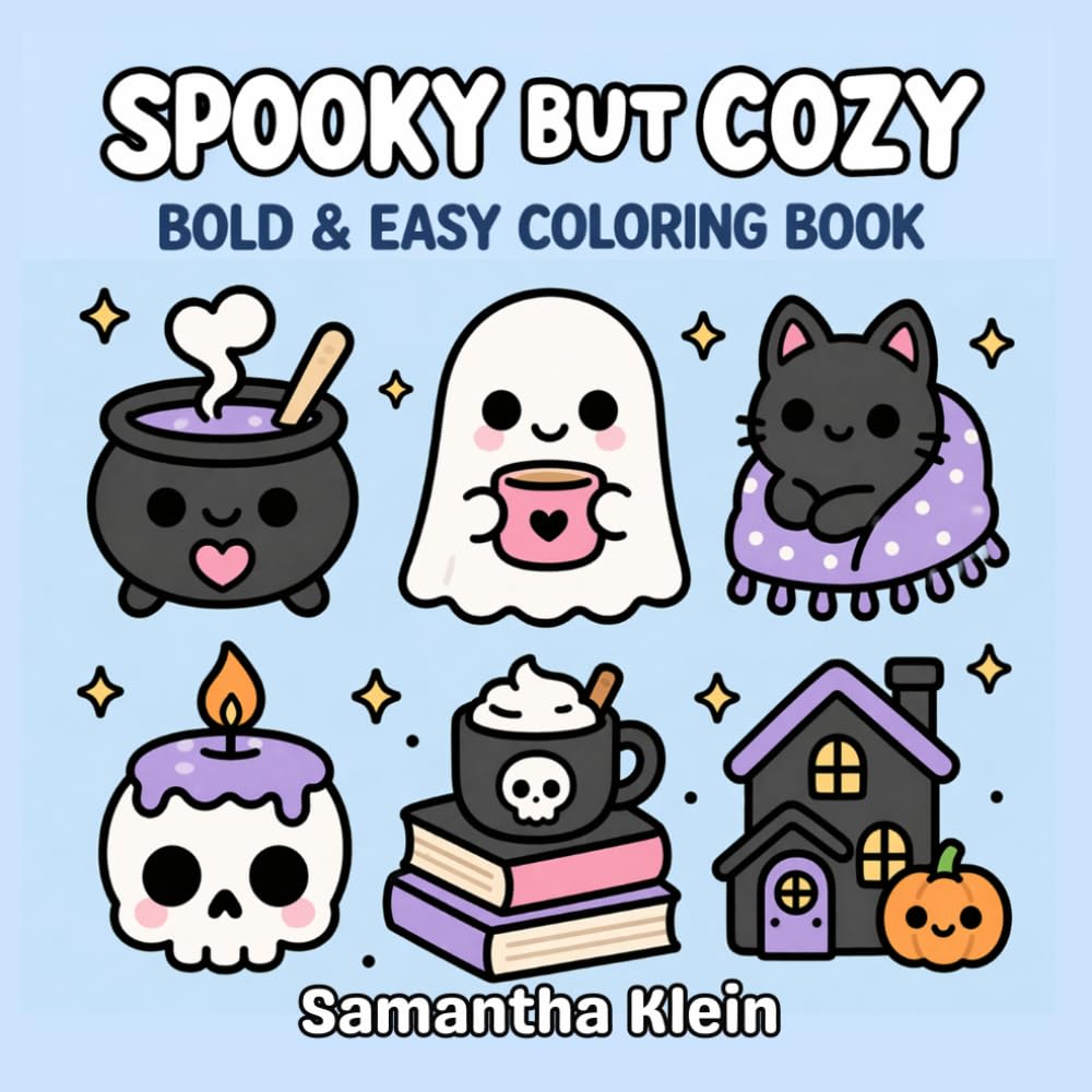 Spooky But Cozy: Halloween Bold & Easy Coloring Book for Kids and Adults