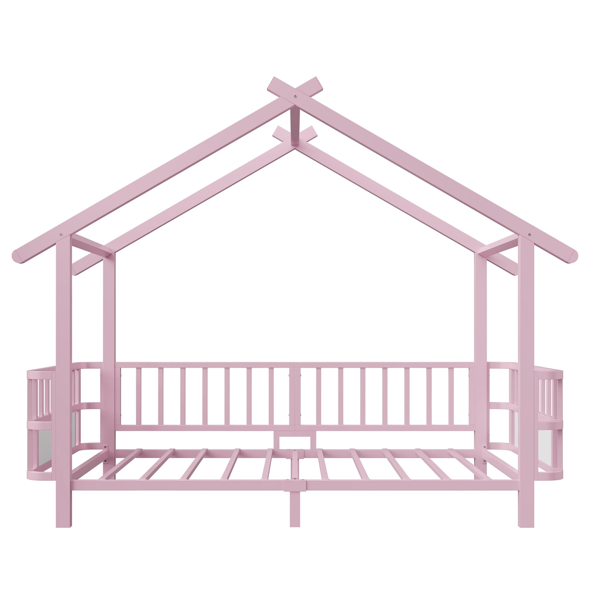 Merax Kinderbett aus Metall in Hausform 90x200 cm mit Sicherheitsgitter & Dachdesign – Rosa (Ohne Matratze)