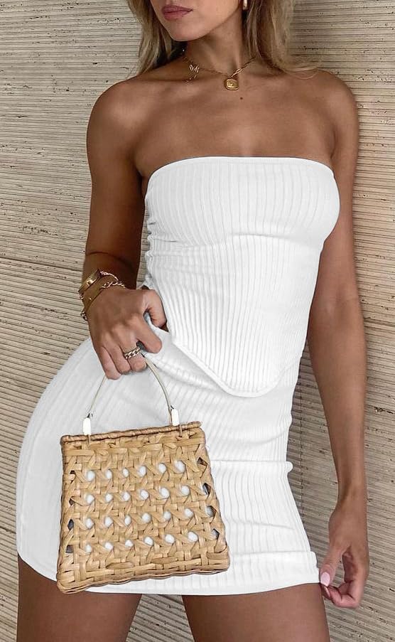 CHYRII Womens Sexy Summer Two Piece Outfits Bandeau Going Out Crop Tops Bodycon Skirt Sets Mini Dress4