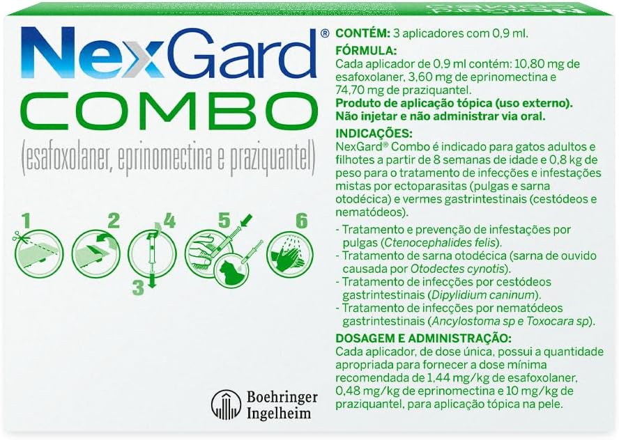 Nexgard COMBO Antipulgas e Sarna e Vermífugo para Gatos de 2,5kg a 7,5 kg - 3 aplicadores
