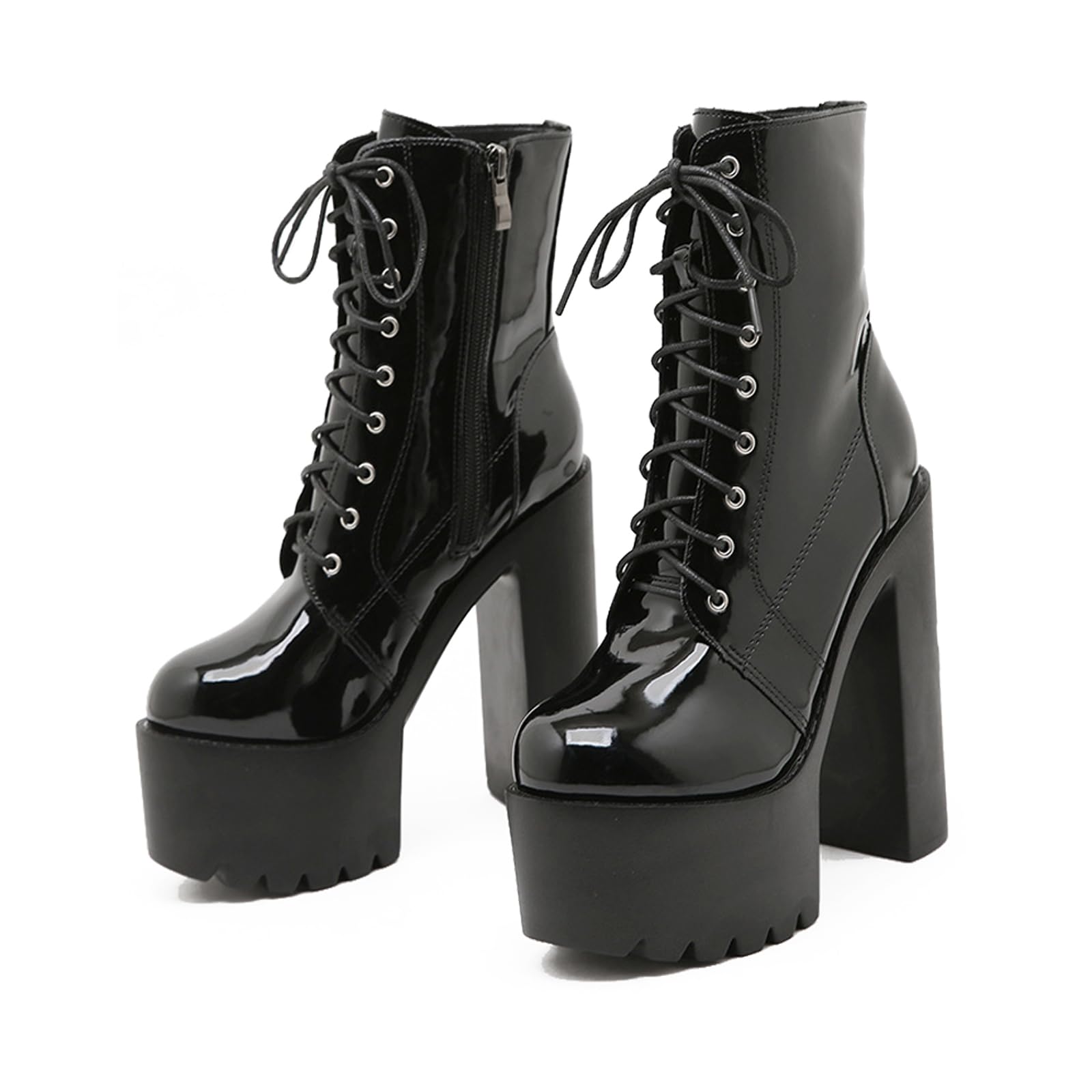 Womens Patent Leather Ultra-High Heel Platform Mid-Calf Boots With Side Zipper Y2k Lace Up Round Toe Block Chunky