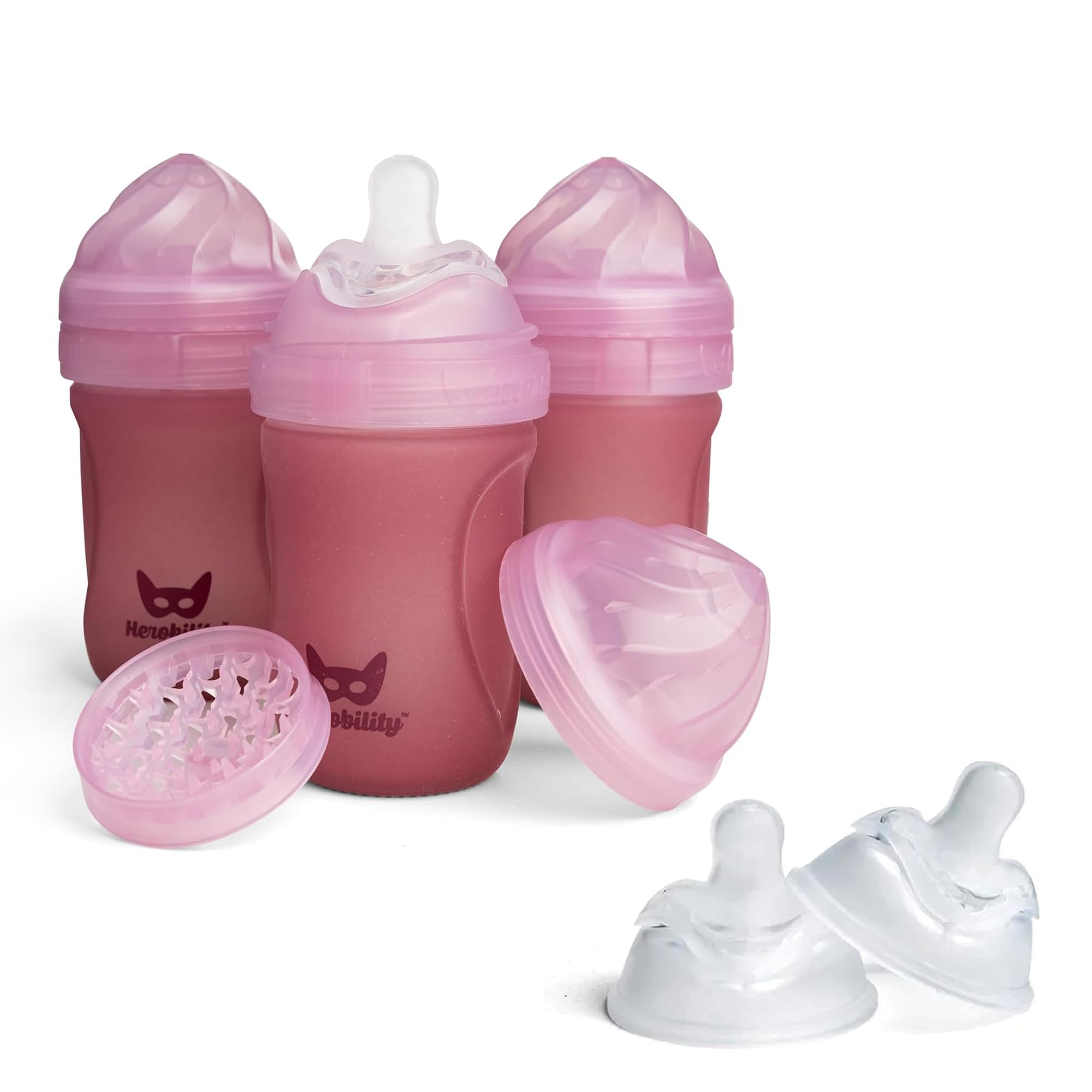 Herobility Glass Baby Bottle 7 fl oz/220 ml - 3 Pack | Heat Sensing Color Changing Bottles with Double Anti-Colic Breastlike Nipples + Medium Silicone Teats - 2 Pack – Rose