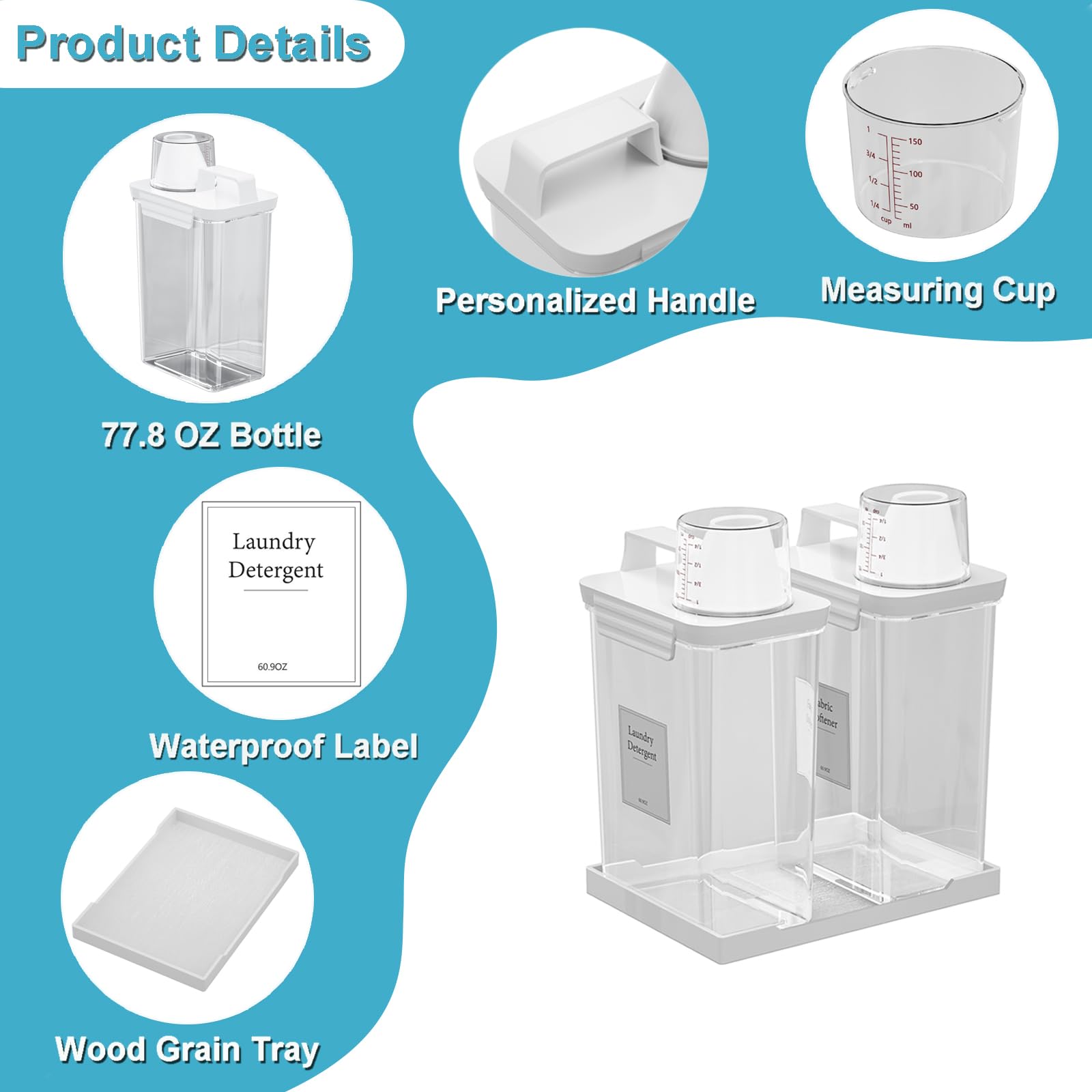 Contenedor dispensador de detergente para ropa de 76 onzas, paquete de 2 dispensadores de detergente líquido, dispensadores de detergente de plástico para lavandería, polvo, suavizante de
