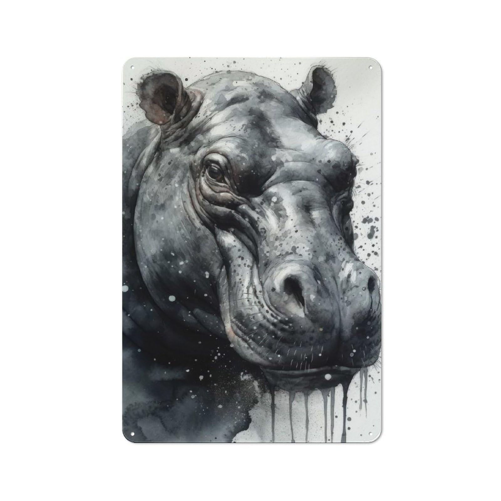 Junmoney Hippo Majesty Watercolor Rustic Tin Wall Plaque 30X20cm For Garage Or Workshop, For Home Interiors, Feature Walls And Decorative Displays