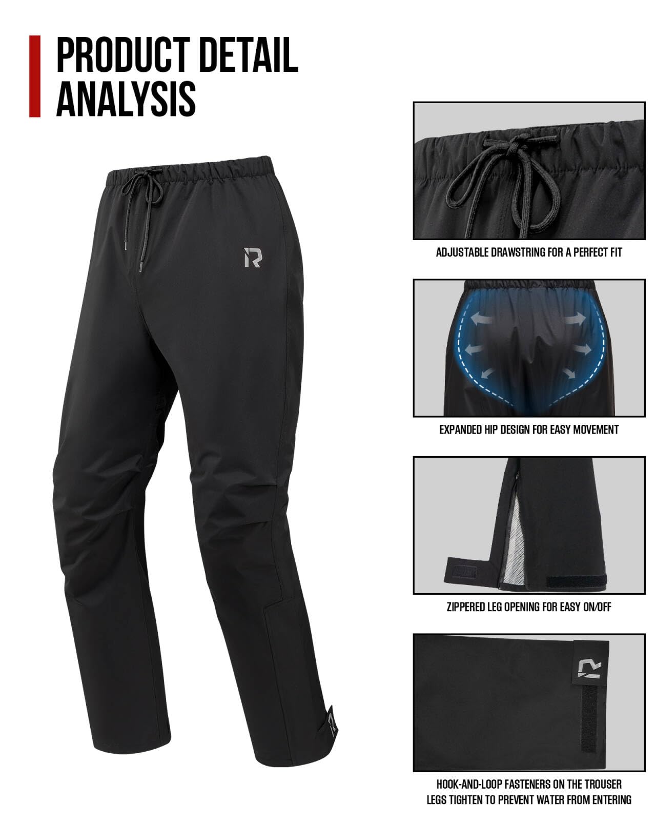 RIDEIRON Tuta Antipioggia Moto Uomo Impermeabile Giacca 15000 mm con Cappuccio Staccabile Sstrisce Riflettenti Nero XXL