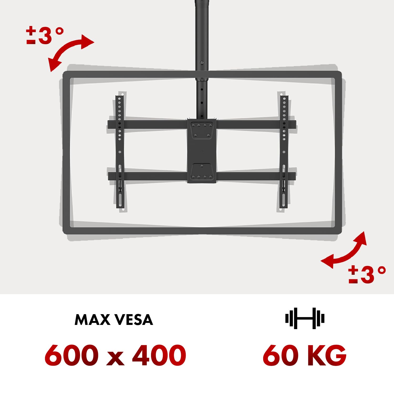 Maclean Support de Plafond pour téléviseur de 43 à 86 ″, capacité de Charge de 60 kg, inclinable, pivotant à 25°, réglable en Hauteur à 180 °, Hauteur réglable de 485 à 925 mm, VESA jusqu'à 600 x 400